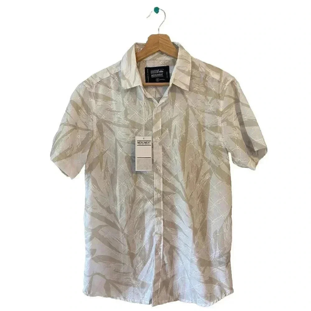 MONUMENT MEN'S SHIRT SIZE MEDIUM WHITE/BEIGE FLORAL SHORT‎ SLEEVES BUTTON DOWN